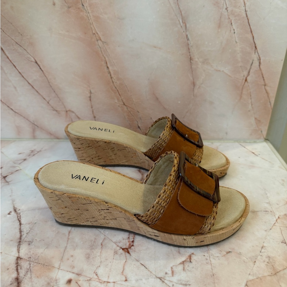 Vaneli Brown Wedge Sandals with Buckle